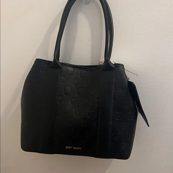 Betsey Johnson Black Skull-Embossed Tote Bag with Charm - Picture 3 of 8